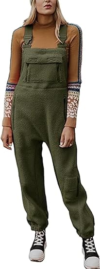 Women's Fleece Warm Overalls Winte Loose Casual Jumpsuits with Pockets